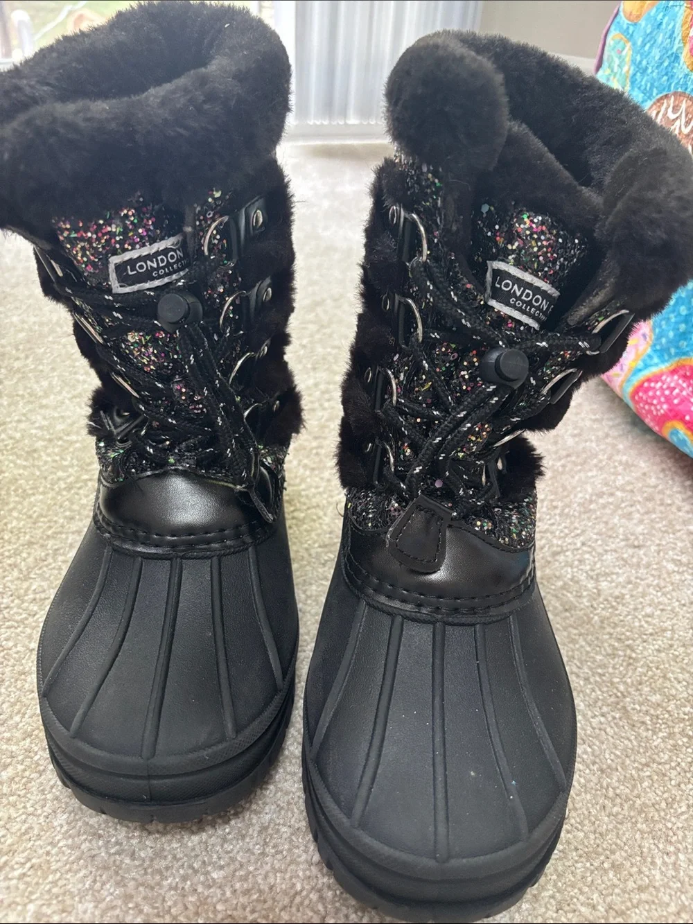 London Fog Black Glitter Kids Snow Boots with Faux Fur Collar